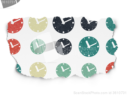 Image of Timeline concept: Clock icons on Torn Paper background