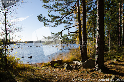 Image of Tranquil view at a blue lake with a bench by fall