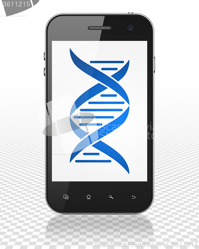 Image of Science concept: Smartphone with DNA on display