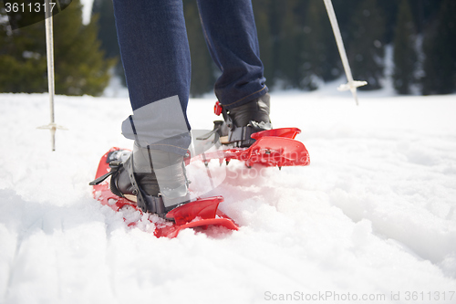 Image of couple having fun and walking in snow shoes