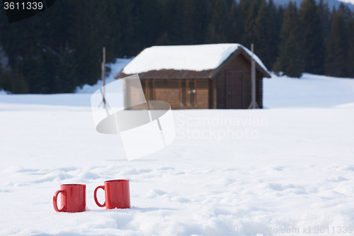 Image of two red coups of hot tea drink in snow  at winter