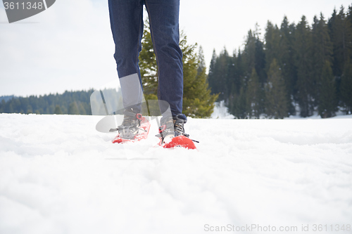 Image of couple having fun and walking in snow shoes