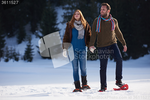 Image of couple having fun and walking in snow shoes