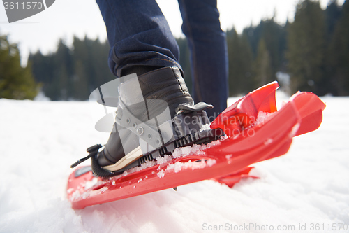 Image of couple having fun and walking in snow shoes