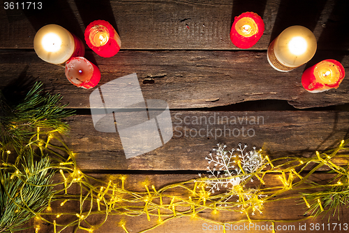 Image of The wooden table with Christmas decorations 