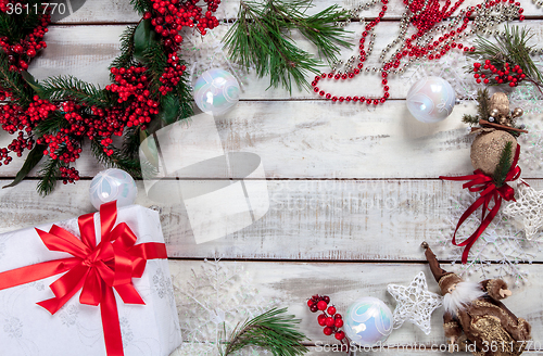 Image of The wooden table with Christmas decorations 