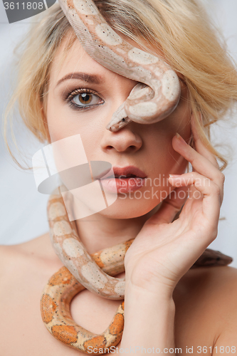 Image of Beautiful girl and the snake Boa constrictors, which wraps around her face