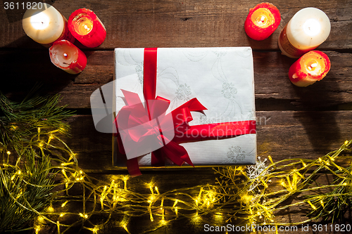 Image of The wooden table with Christmas decorations 