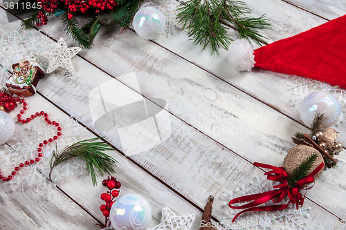 Image of The wooden table with Christmas decorations 