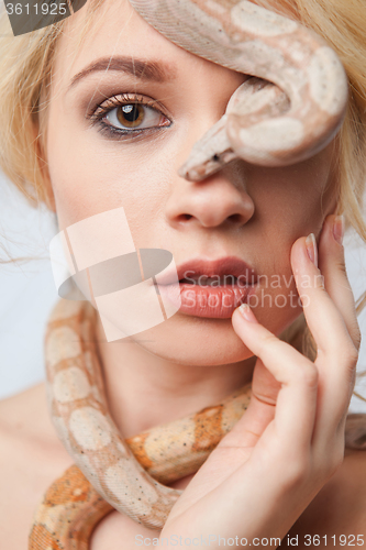 Image of Beautiful girl and the snake Boa constrictors, which wraps around her face