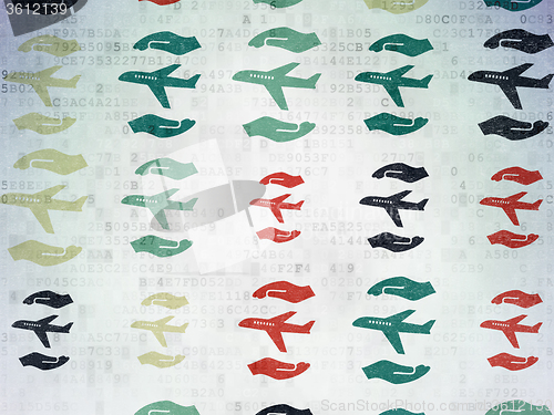 Image of Insurance concept: Airplane And Palm icons on Digital Paper background