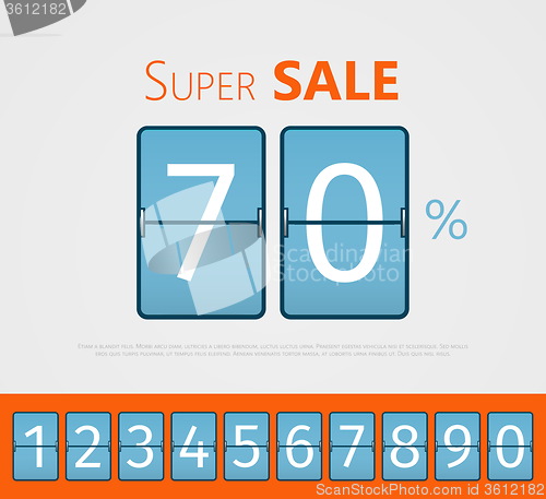 Image of Super sale, analog flip clock design. With set of numbers from 0 to 9.