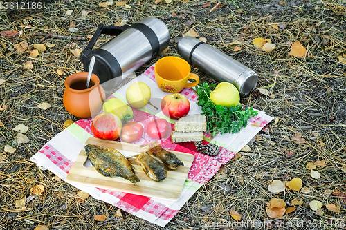 Image of Coffee and food for a picnic in the woods
