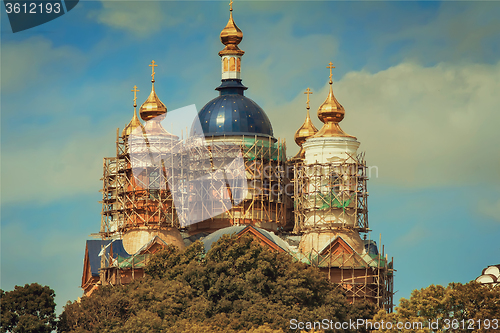 Image of The restoration of the destroyed temple in the monastery.