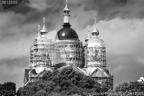 Image of The restoration of the destroyed temple in the monastery.