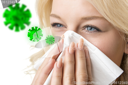 Image of Ill woman with tissue is sneezing virus