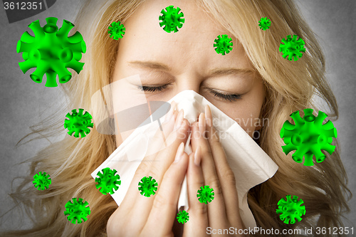 Image of Ill woman with tissue is sneezing virus