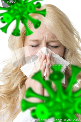 Image of Ill woman with tissue is sneezing virus