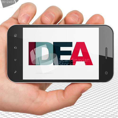 Image of Advertising concept: Hand Holding Smartphone with Idea on  display