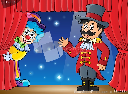 Image of Stage with ringmaster and lurking clown