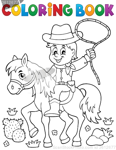 Image of Coloring book cowboy on horse theme 1