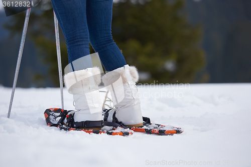Image of couple having fun and walking in snow shoes