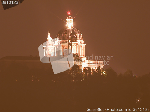 Image of Retro looking Basilica di Superga at night in Turin