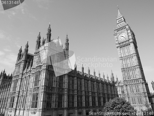 Image of Black and white Houses of Parliament in London