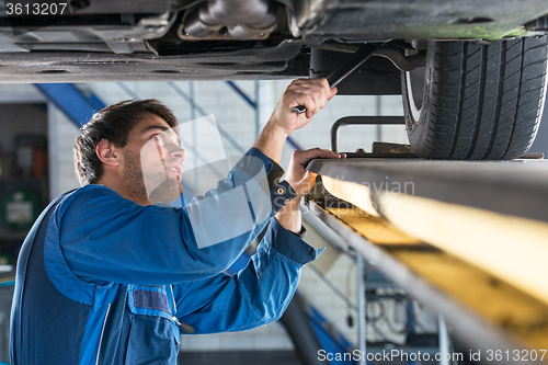 Image of Mechanic examining the suspension of a car during a MOT Test