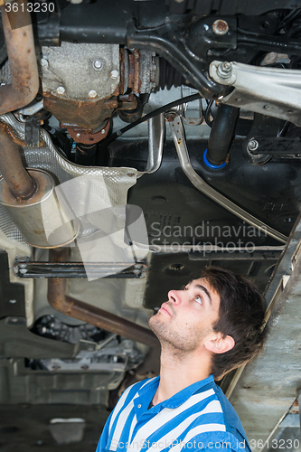 Image of Mechanic examining the exhaust of a car