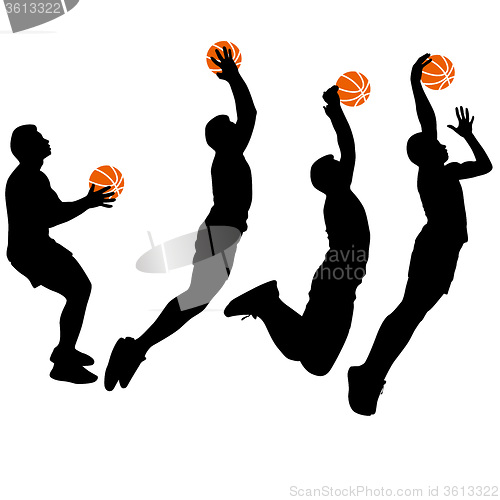 Image of Black silhouettes of men playing basketball on a white backgroun