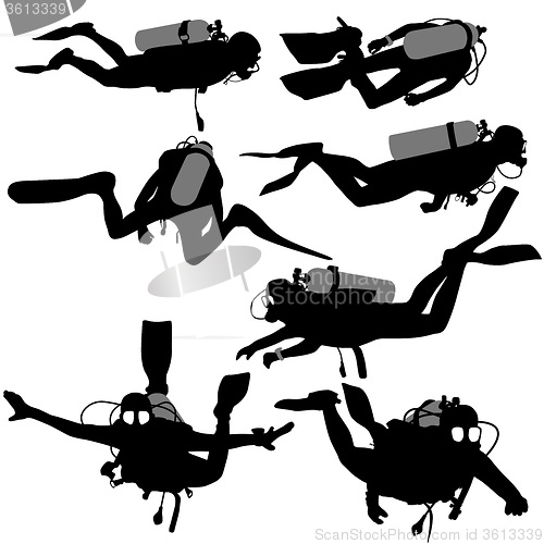 Image of Set black silhouette scuba divers. illustration.