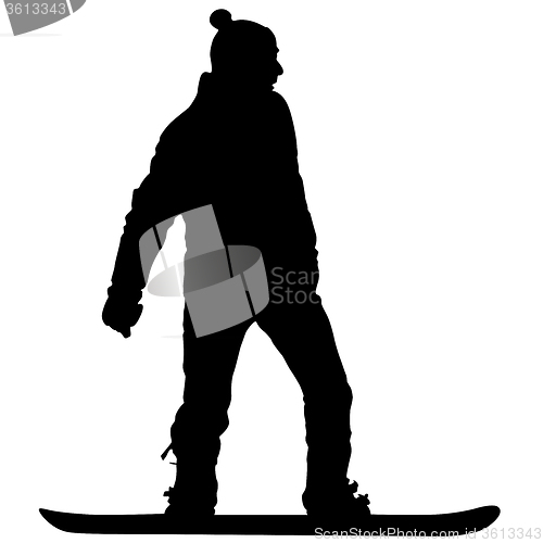 Image of Black silhouettes  snowboarders on white background. 