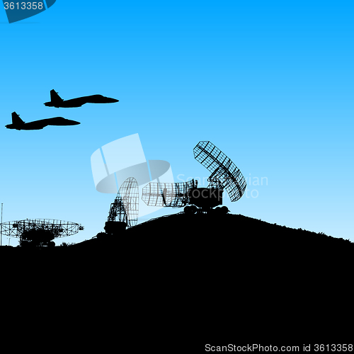 Image of Silhouette  military radar dish. illustration.