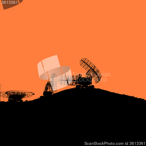 Image of Silhouette  military radar dish. illustration.