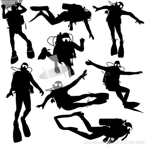 Image of Set black silhouette scuba divers. illustration.