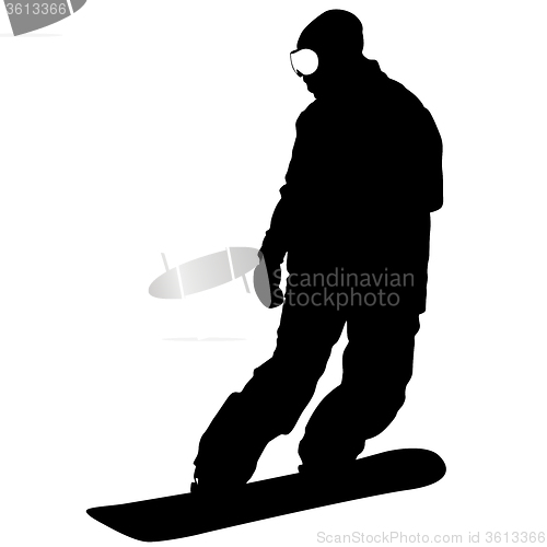 Image of Black silhouettes  snowboarders on white background. 
