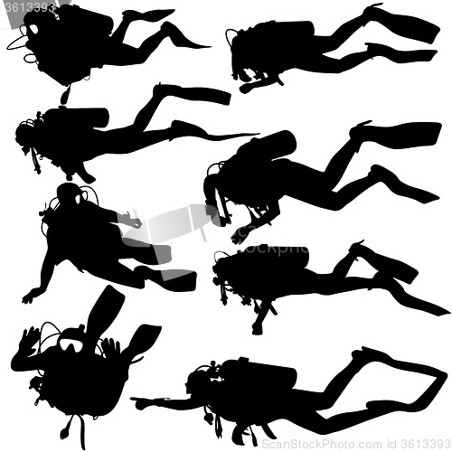 Image of Set black silhouette scuba divers. illustration.
