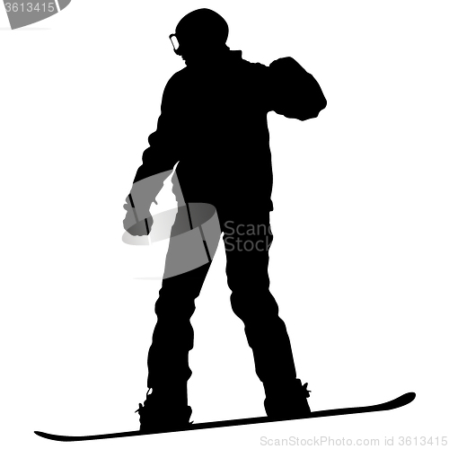 Image of Black silhouettes  snowboarders on white background. 