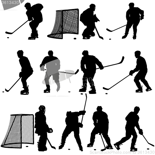 Image of Set of silhouettes of hockey player. Isolated on white. 