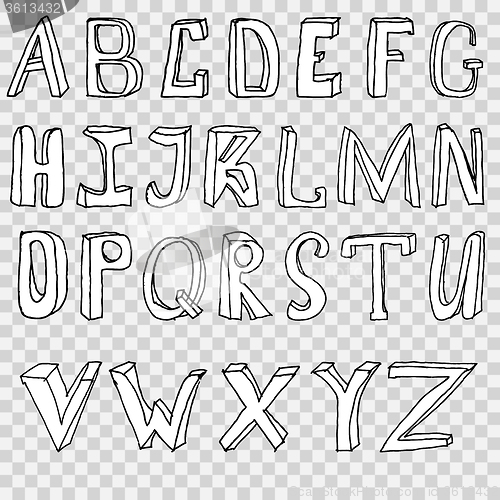 Image of Hand drawing alphabet illustration set in black ink