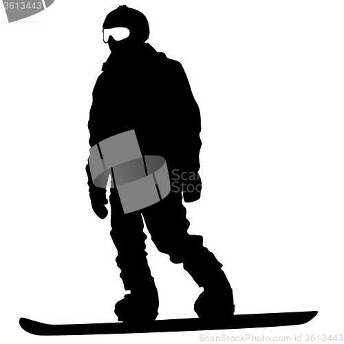 Image of Black silhouettes  snowboarders on white background. 