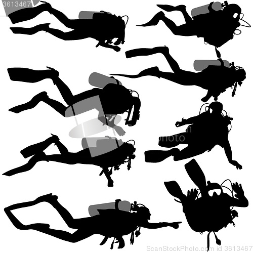 Image of Set black silhouette scuba divers. illustration.