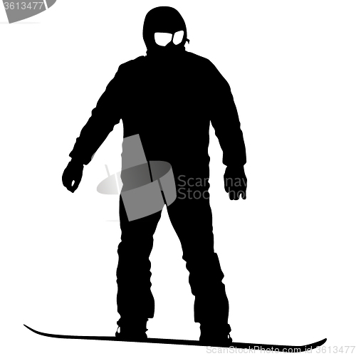 Image of Black silhouettes  snowboarders on white background. 