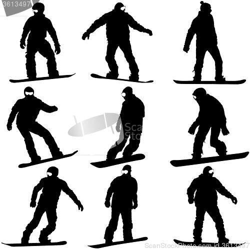 Image of Black silhouettes set snowboarders on white background. 