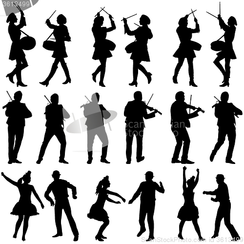 Image of Black silhouettes of beautiful mans and womans. Drummer, violini