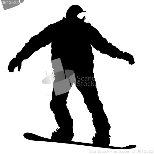 Image of Black silhouettes  snowboarders on white background. 