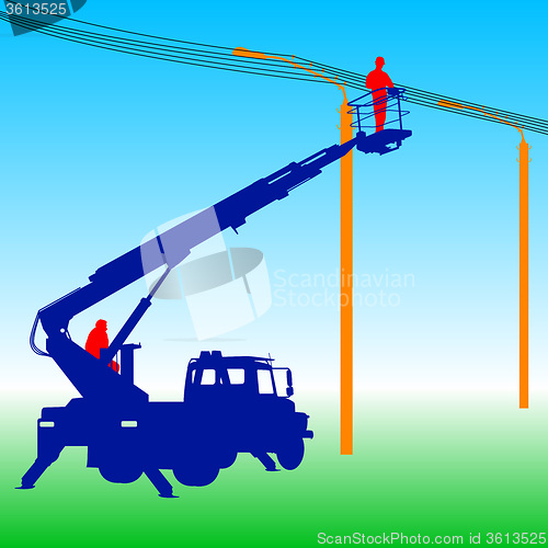 Image of Electrician, making repairs at a power pole. illustration