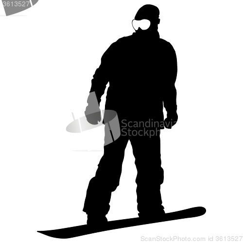 Image of Black silhouettes  snowboarders on white background. 