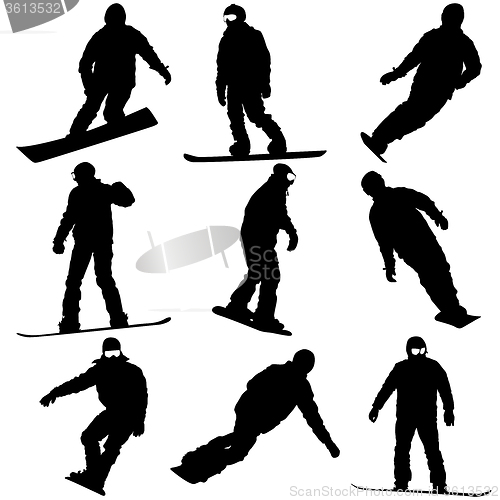 Image of Black silhouettes set snowboarders on white background. 